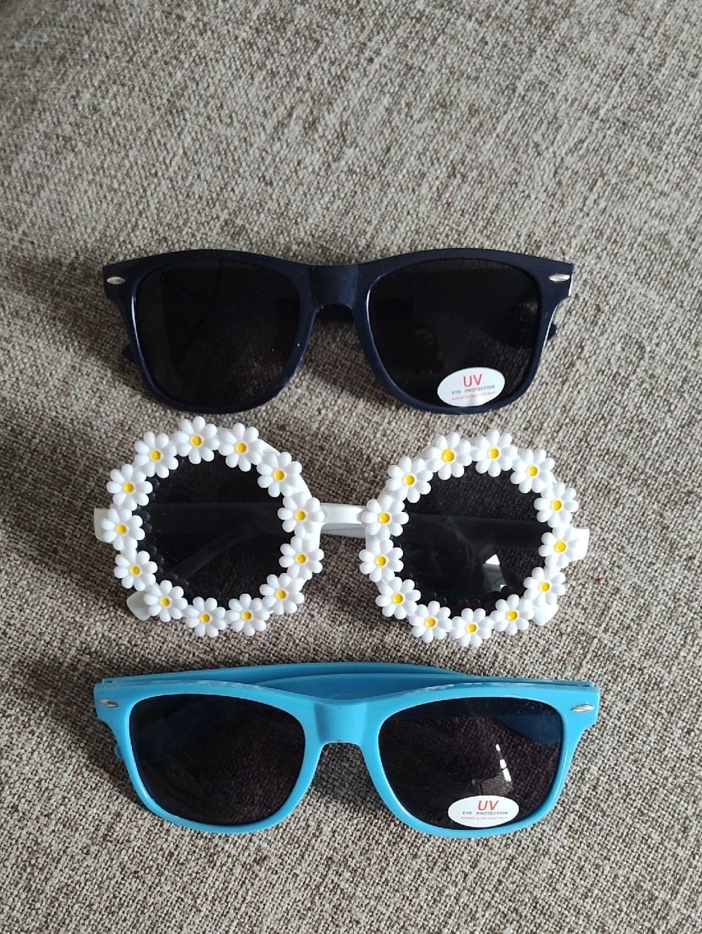 Bundle Of 3 Whimsical Sunglasses - Navy, White Daisies, And Baby Blue